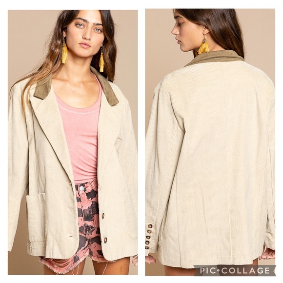 POL Jackets & Blazers - POL Clothing Mocha Beige Corduroy Blazer with Contrasting Brown Collar Size M